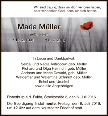 Traueranzeige von Maria Müller von HNA