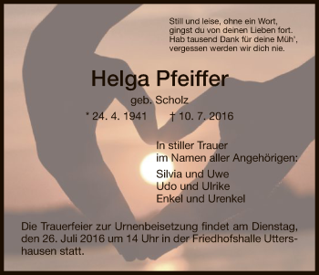 Traueranzeige von Helga Pfeiffer von HNA