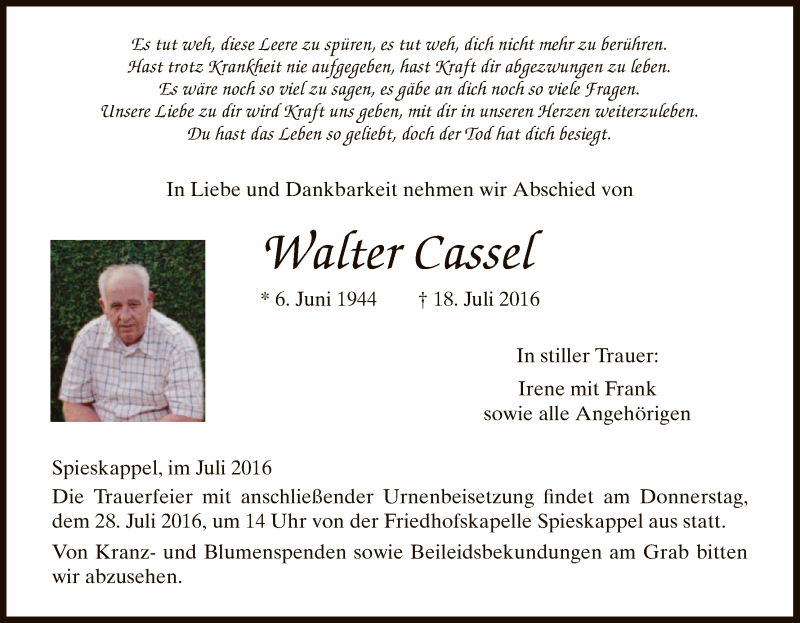  Traueranzeige für Walter Cassel vom 25.07.2016 aus HNA