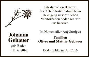 Traueranzeige von Johanna Gebauer von HNA