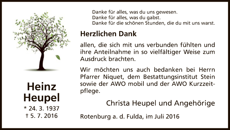  Traueranzeige für Heinz Heupel vom 30.07.2016 aus HNA