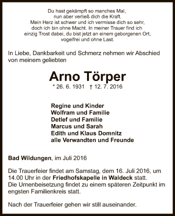 Traueranzeige von Arno Törper von HNA