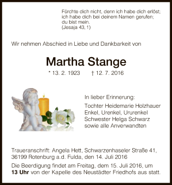 Traueranzeige von Martha Stange von HNA