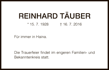 Traueranzeige von Reinhard Täuber von HNA