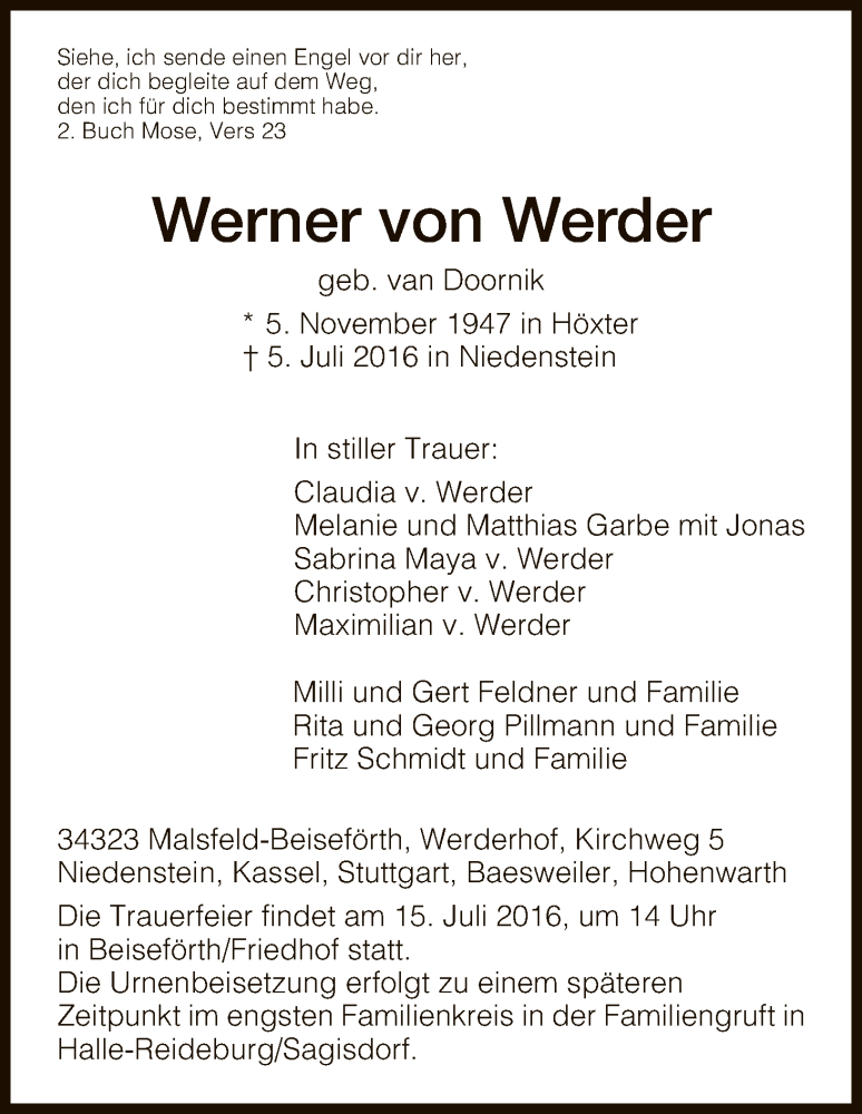  Traueranzeige für Werner von Werder vom 09.07.2016 aus HNA