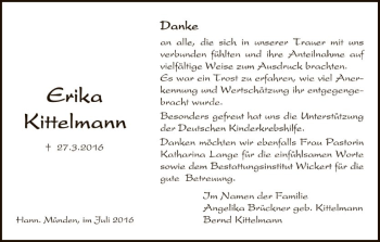 Traueranzeige von Erika Kittelmann von HNA