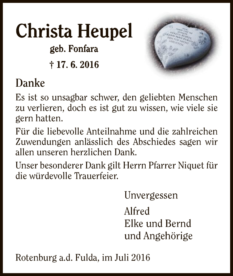  Traueranzeige für Christa Heupel vom 02.07.2016 aus HNA