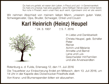 Traueranzeige von Karl Heinrich Heupel von HNA
