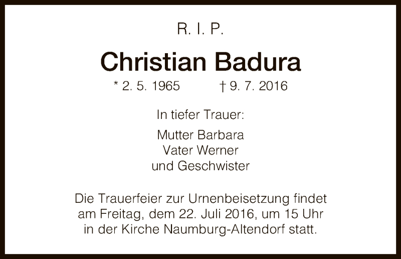  Traueranzeige für Christian Badura vom 19.07.2016 aus HNA