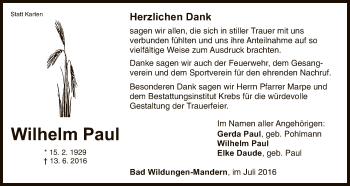 Traueranzeige von Wilhelm Paul von HNA