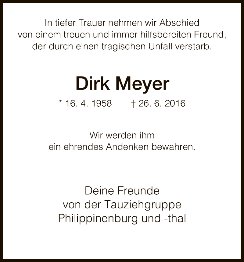  Traueranzeige für Dirk Meyer vom 02.07.2016 aus HNA
