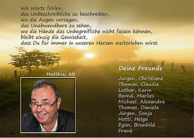  Traueranzeige für Matthias Alt vom 09.07.2016 aus HNA