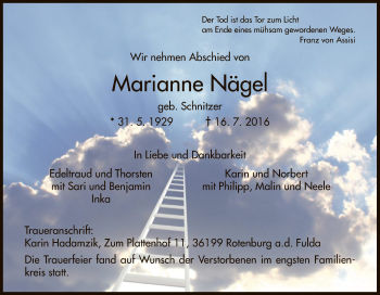 Traueranzeige von Marianne Nägel von HNA