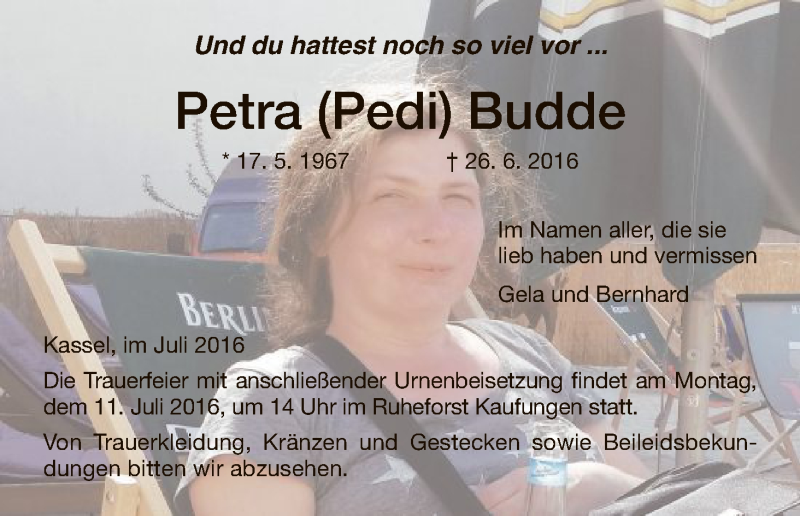  Traueranzeige für Petra Budde vom 09.07.2016 aus HNA