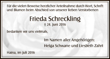 Traueranzeige von Frieda Schreckling von HNA