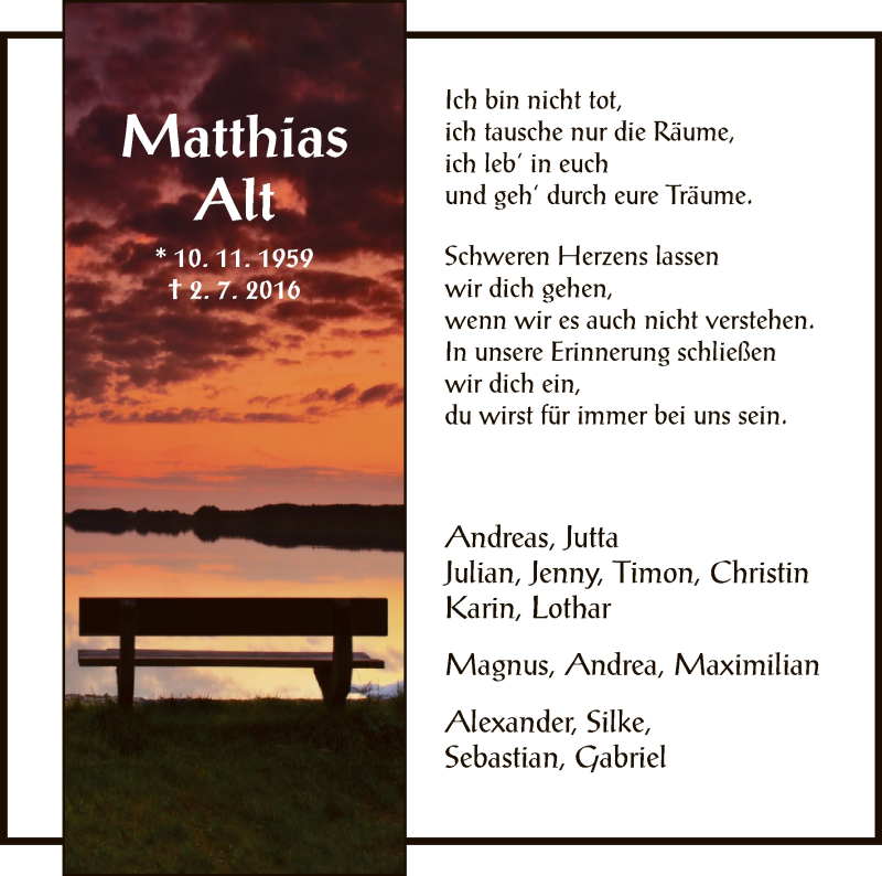  Traueranzeige für Matthias Alt vom 08.07.2016 aus HNA