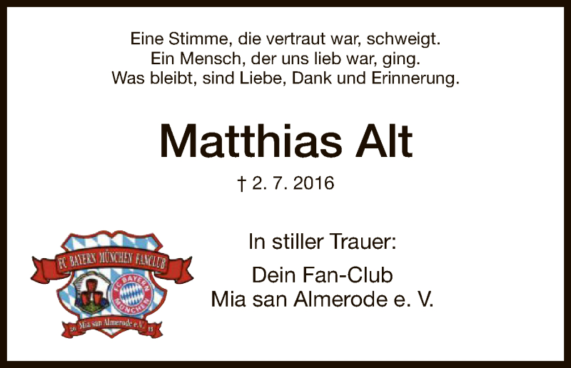  Traueranzeige für Matthias Alt vom 09.07.2016 aus HNA