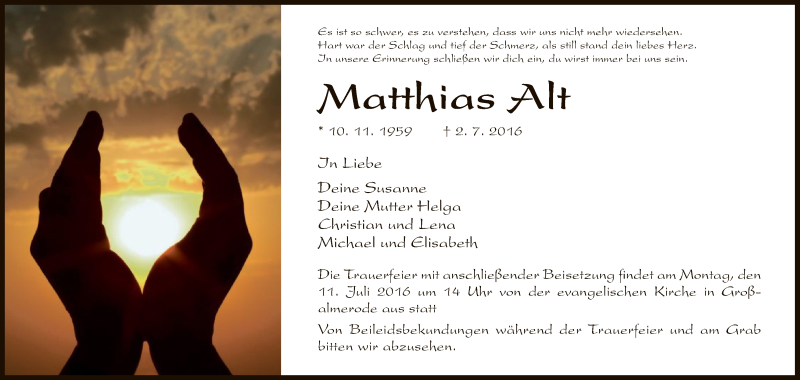 Traueranzeige für Matthias Alt vom 08.07.2016 aus HNA