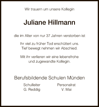 Traueranzeige von Juliane Hillmann von HNA