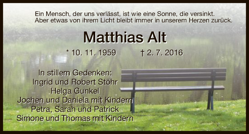  Traueranzeige für Matthias Alt vom 11.07.2016 aus HNA