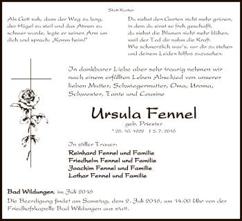 Traueranzeige von Ursula Fennel von HNA