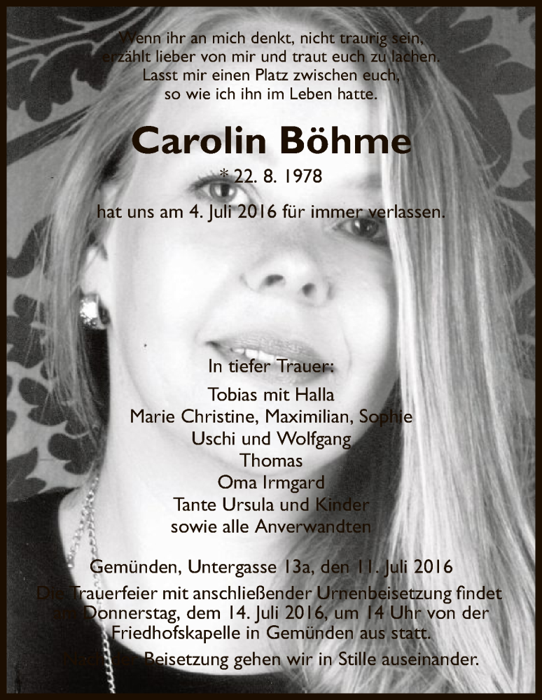  Traueranzeige für Carolin Böhme vom 11.07.2016 aus HNA