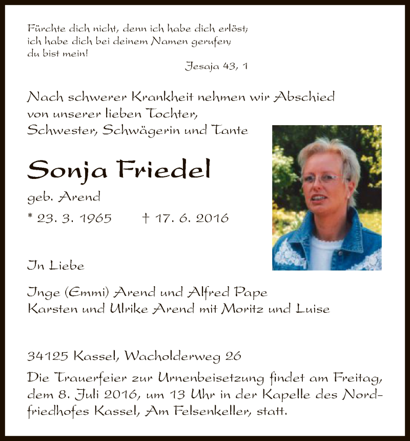  Traueranzeige für Sonja Friedel vom 02.07.2016 aus HNA