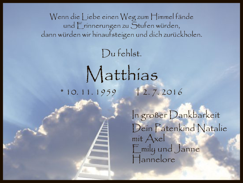  Traueranzeige für Matthias Alt vom 08.07.2016 aus HNA