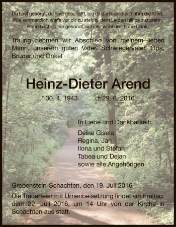 Traueranzeige von Heinz-Dieter Arend von HNA