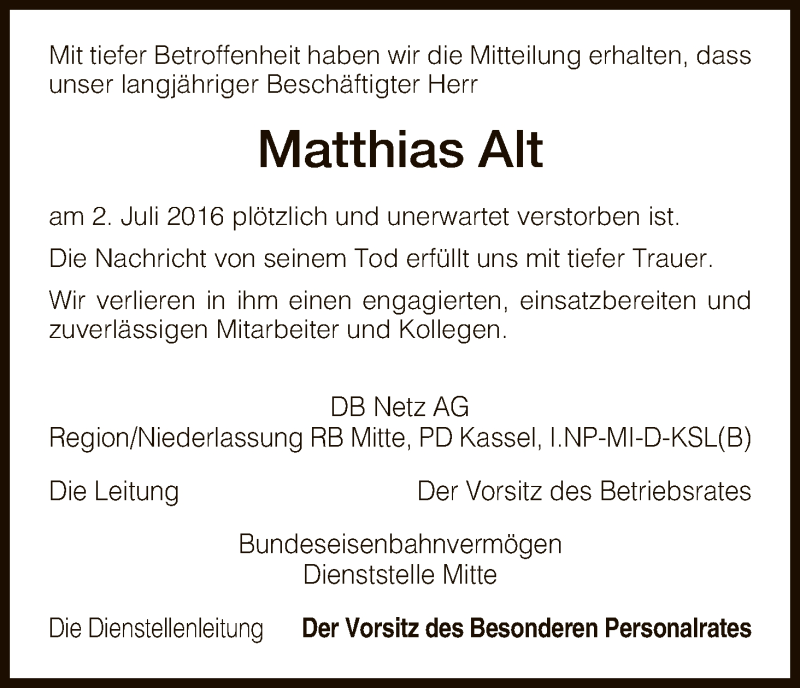  Traueranzeige für Matthias Alt vom 09.07.2016 aus HNA
