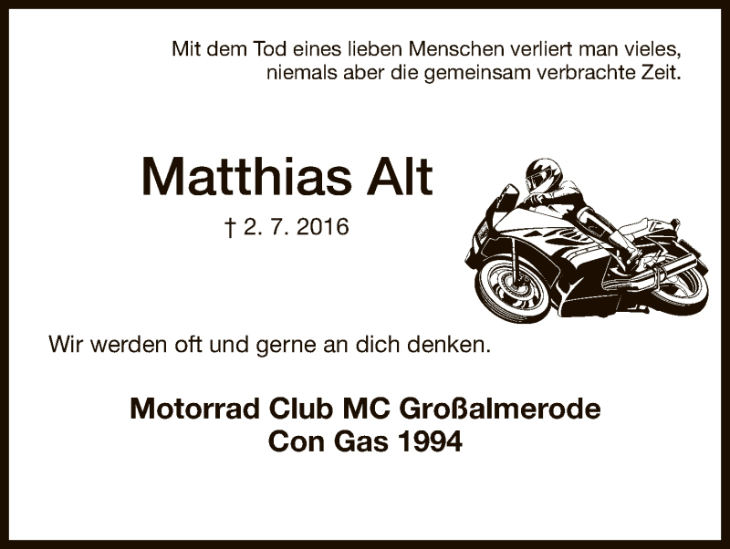  Traueranzeige für Matthias Alt vom 08.07.2016 aus HNA