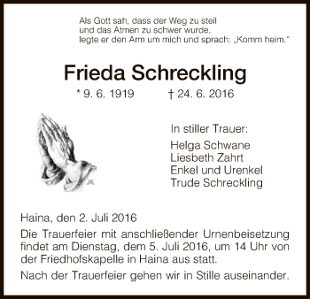 Traueranzeige von Frieda Schreckling von HNA