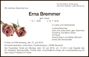 Traueranzeige von Erna Bremmer von HNA