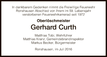 Traueranzeige von Gerhard Curth von HNA