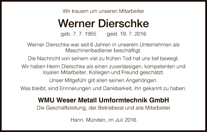 Traueranzeige für Werner Dierschke vom 23.07.2016 aus HNA
