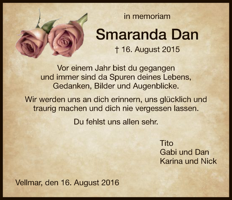  Traueranzeige für Smaranda Dan vom 16.08.2016 aus HNA