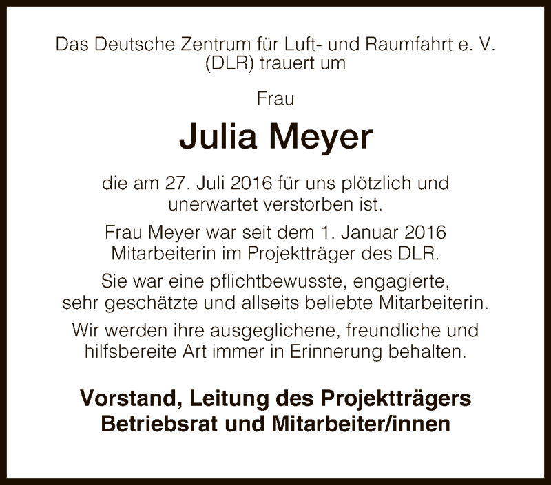  Traueranzeige für Julia Meyer vom 06.08.2016 aus HNA