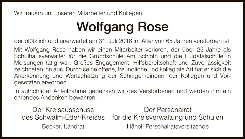  Traueranzeige für Wolfgang Rose vom 12.08.2016 aus HNA