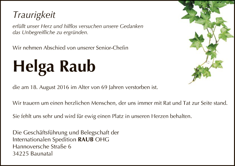  Traueranzeige für Helga Raub vom 27.08.2016 aus HNA
