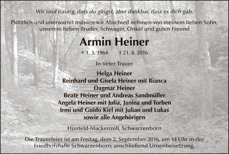  Traueranzeige für Armin Heiner vom 27.08.2016 aus HNA