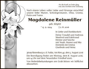 Traueranzeige von Magdalene Reinmüller von HNA