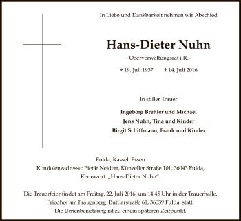 Traueranzeige von Hans-Dieter Nuhn von HNA