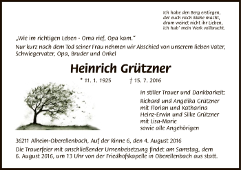 Traueranzeige von Heinrich Grützner von HNA