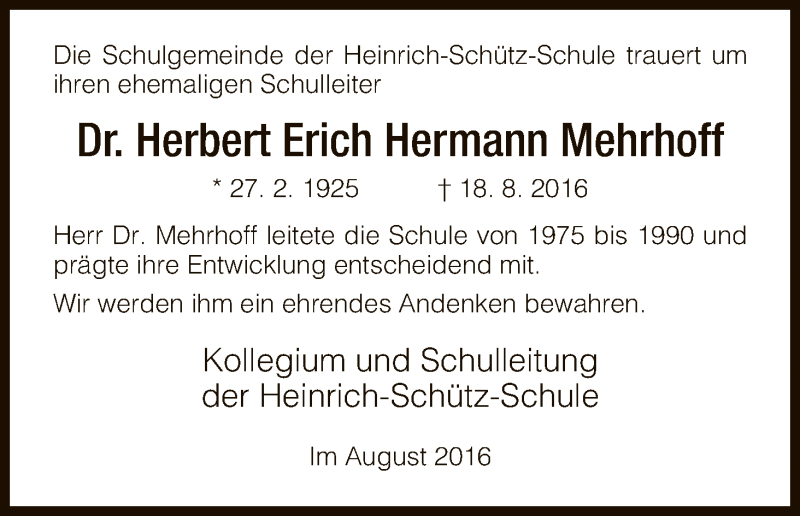  Traueranzeige für Herbert Erich Hermann Mehrhoff vom 23.08.2016 aus HNA