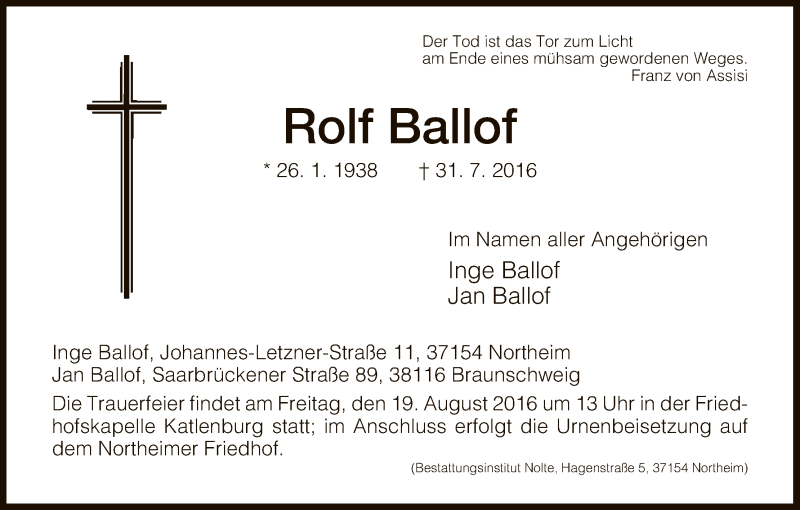  Traueranzeige für Rolf Ballof vom 10.08.2016 aus HNA