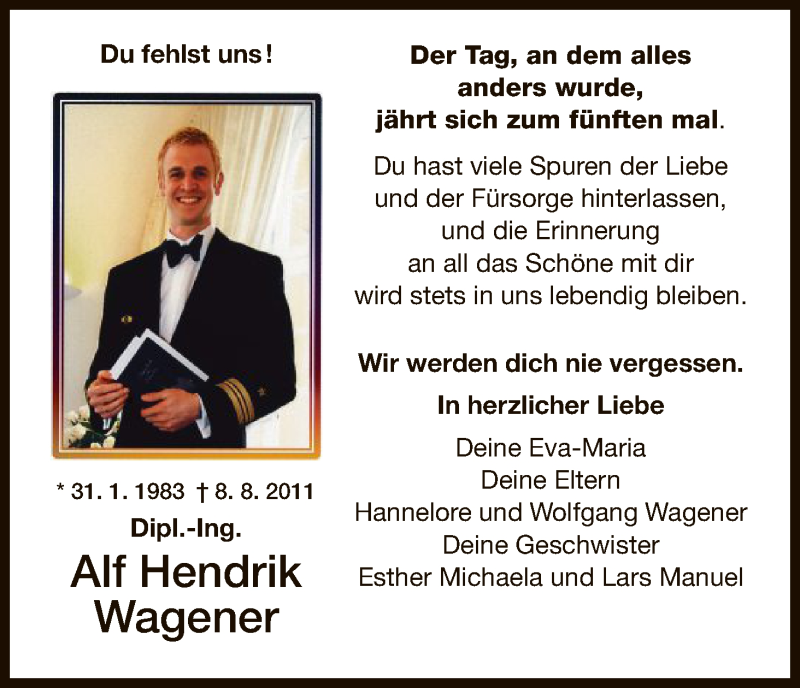  Traueranzeige für Alf Hendrik Wagener vom 08.08.2016 aus HNA