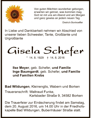 Traueranzeige von Gisela Schefer von HNA
