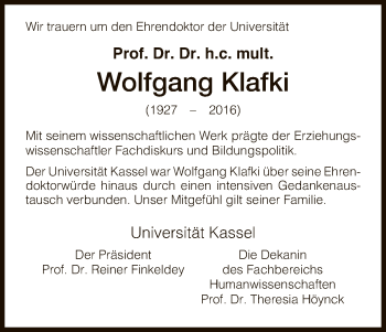 Traueranzeige von Wolfgang Klafki von HNA
