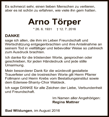 Traueranzeige von Arno Törper von HNA