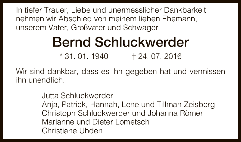  Traueranzeige für Bernd Schluckwerder vom 06.08.2016 aus HNA